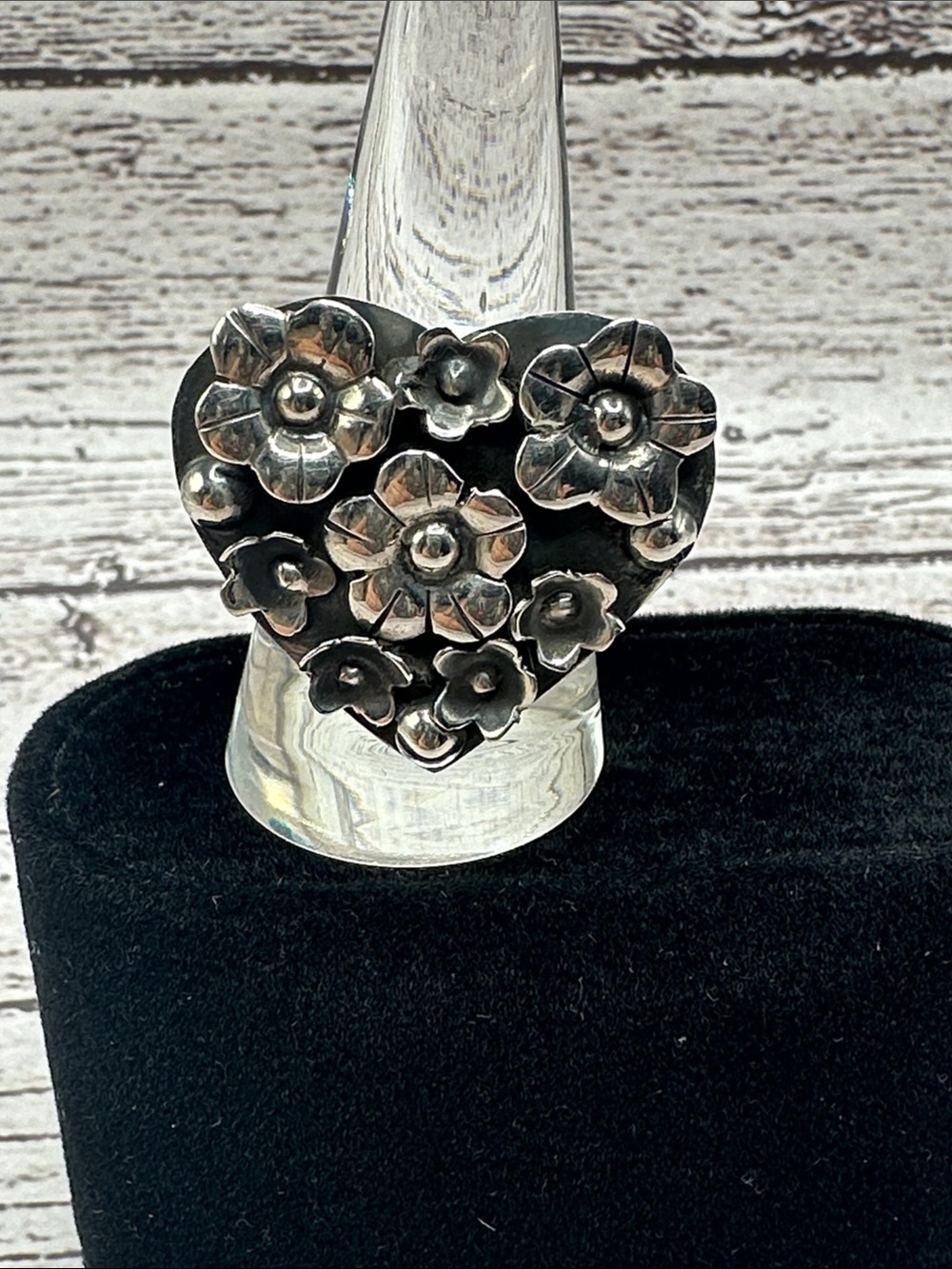 Taxco Sterling Silver Heart Ring with Floral Cluster - Silver